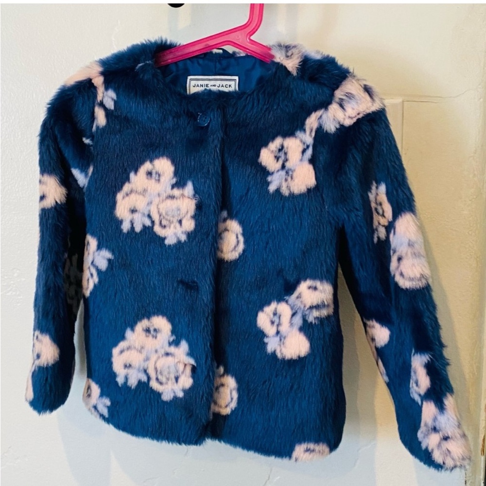 Janie and Jack Navy and Pink Floral Faux Fur Jacket